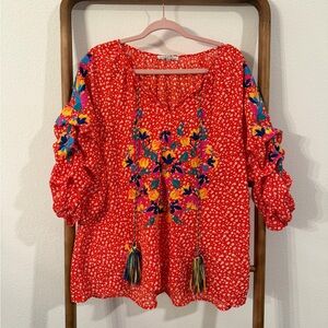Vibrant Red Floral Blouse with Tassels